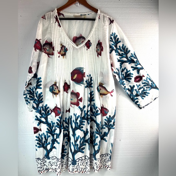 Soft Surroundings 1X Tropical Fish n Coral White Cotton Smocked Dress - Picture 8 of 8